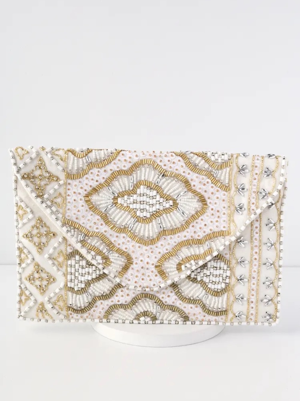 NWT Lulu’s Etched in Stone Cream Beaded Clutch